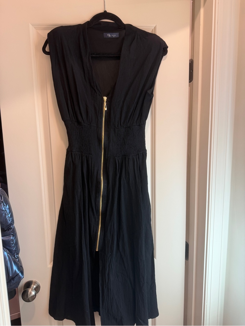 Black Midi Dress with Gold Front Zip and Smocked Waist